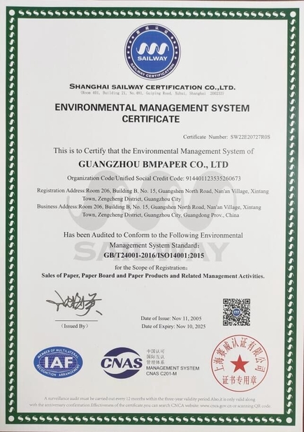 LA CHINE GUANGZHOU BMPAPER CO.,LTD Certifications